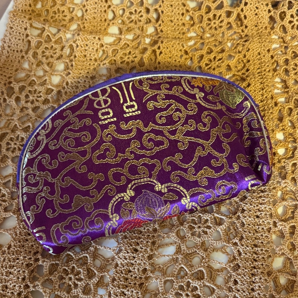 Purple & Gold Embroidered Satin Cosmetic Pouch